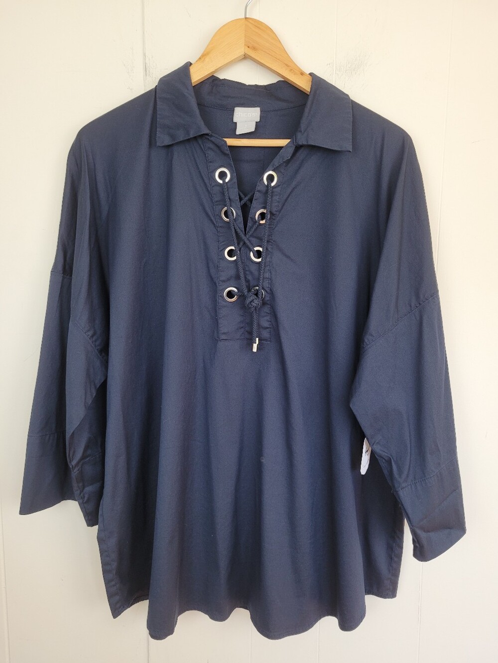 Chico’s Size 3 (XL) Navy Lace-Up Collared Tunic Top